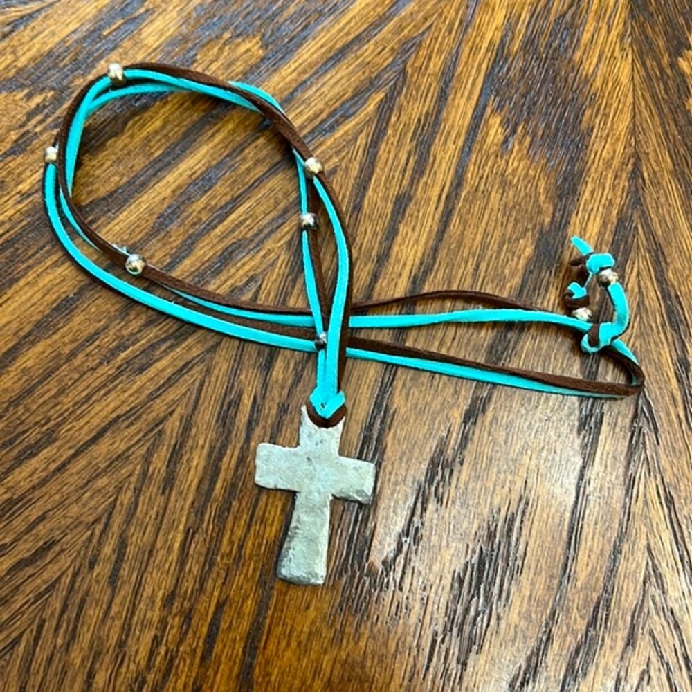 Hammered Silver Cross on a Turquoise & Brown Leather Cords